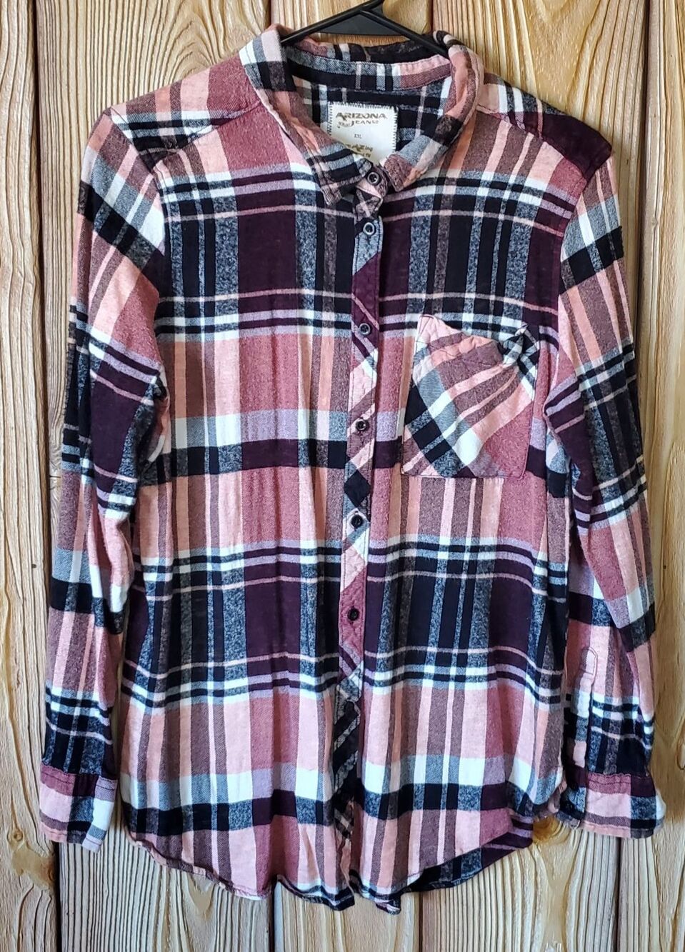 Arizona Jean Co. Plaid Flannel Shirt Juniors XXL Pink Boyfriend Fit Long Sleeve